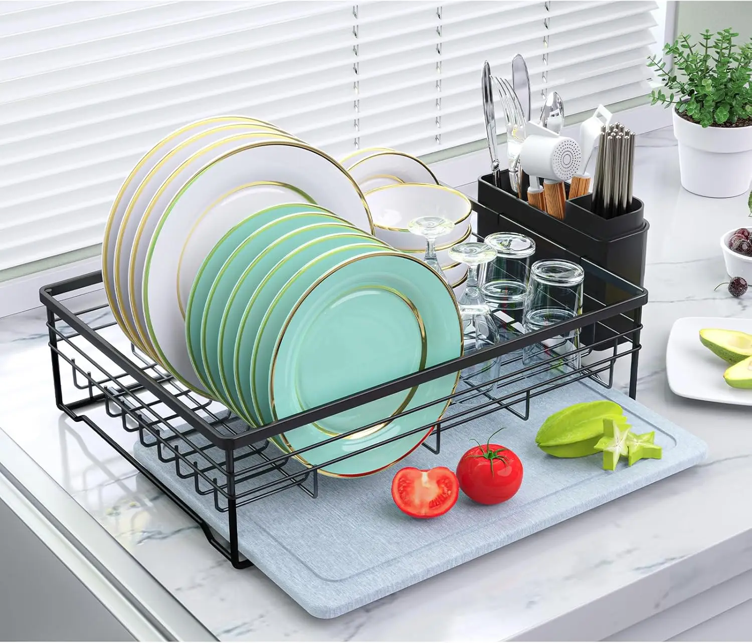 

Dish Drying Rack with Stone Mat, Stainless Steel, Space-Saving, Quick-Drying, Black