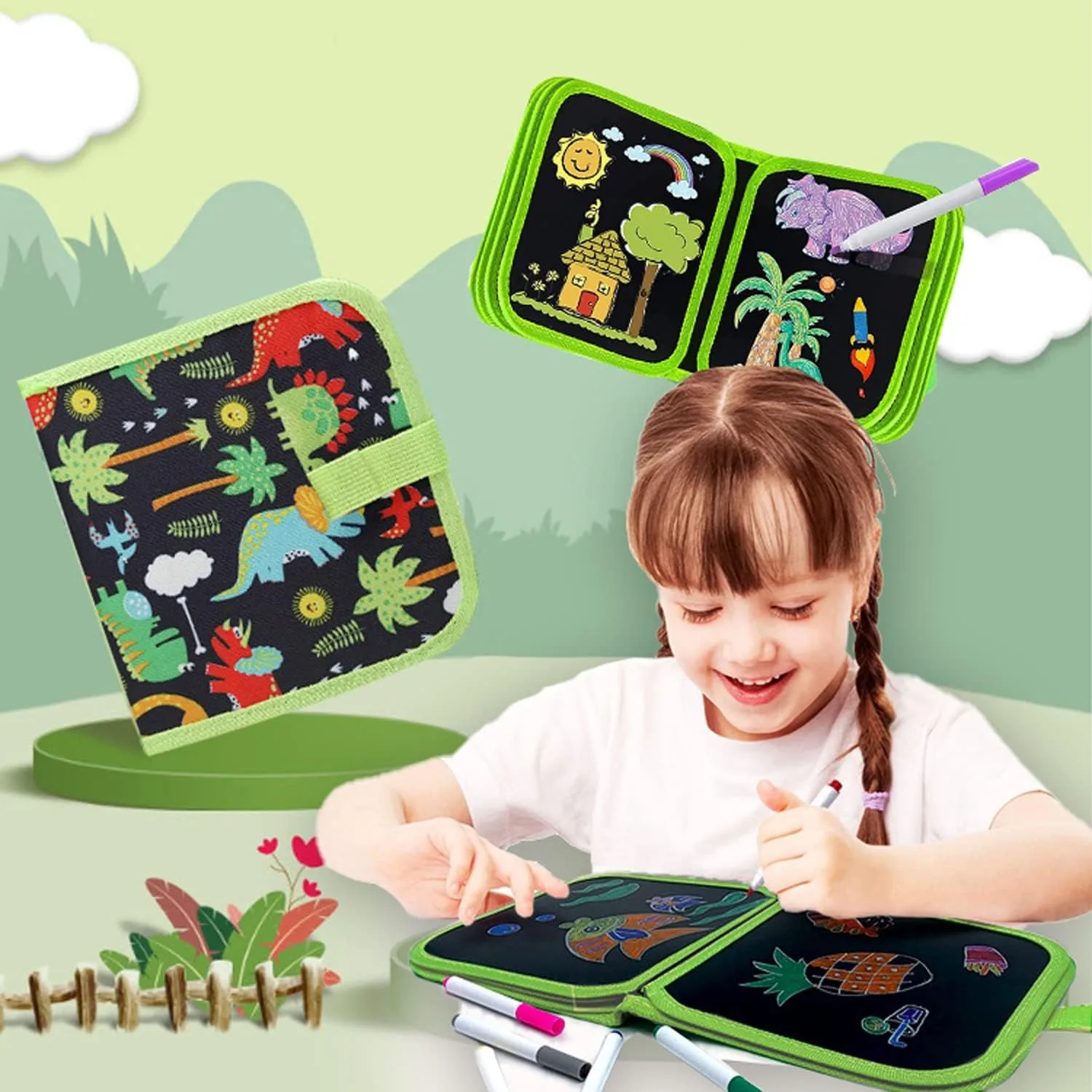 Green Dinosaur Erasable Book Doodle Set Magic Drawing Book Reusable Drawing Book 12 Watercolor Pens 14 Page Drawing for Kids view 3