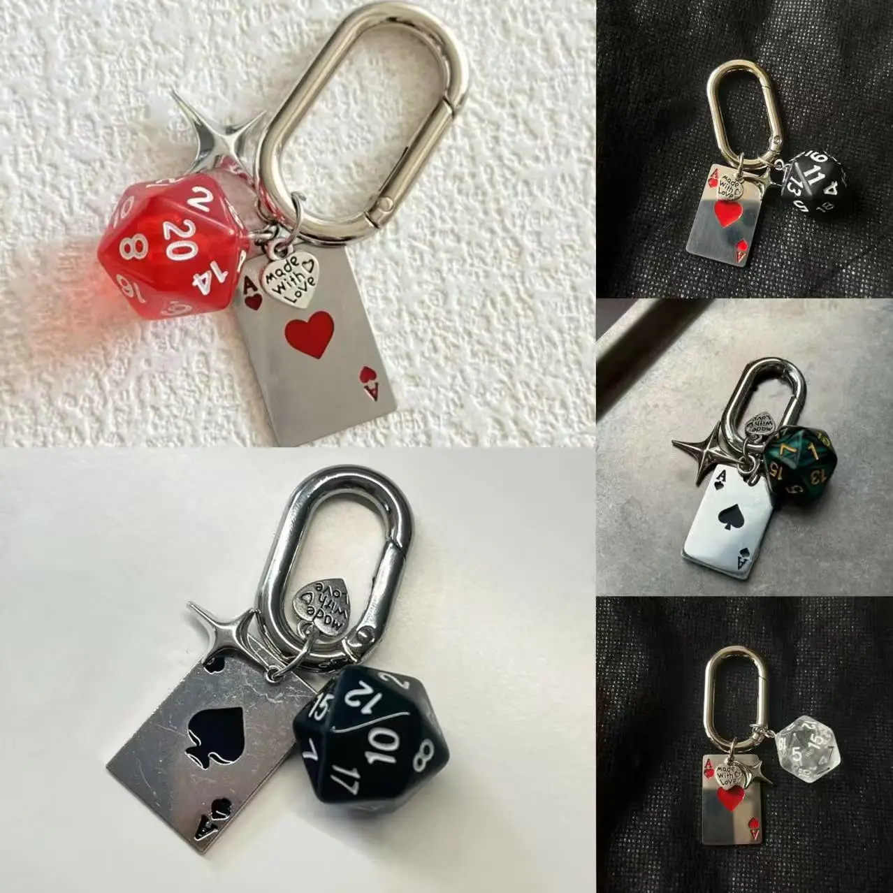 Llavero con mosquetón de dados y póker con temática de juego Retro, Metal en tono plateado con colgante de tarjeta Ace y detalle de dados D20 colorido y duradero