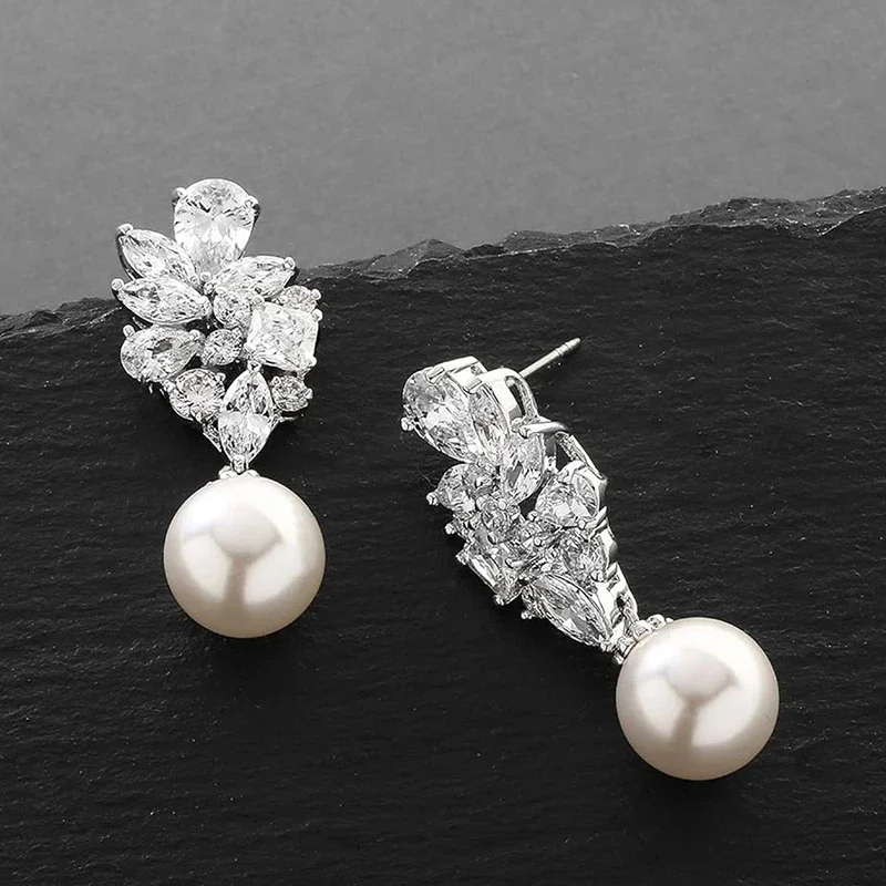 Huitan Bridal Wedding Earrings Brilliant CZ with Imitation Pearl Silver Color Bling Bling Drop Earrings for Women Trendy Jewelry
