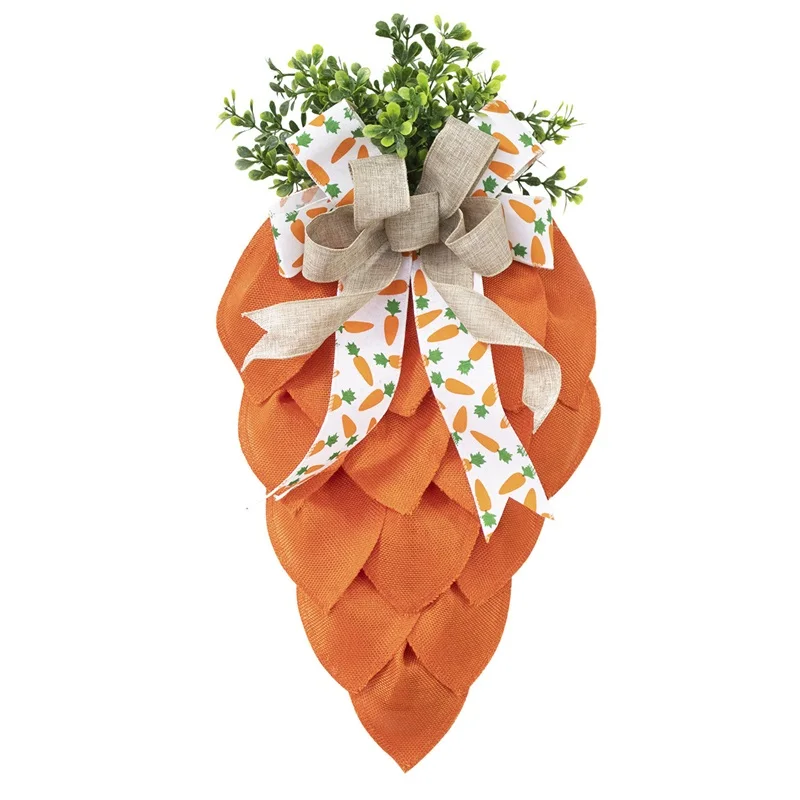 

2025 New Easter Carrot Wreath Rustic Bow Cloth Wreath Garland with Green Leaves for Front Door Decoration