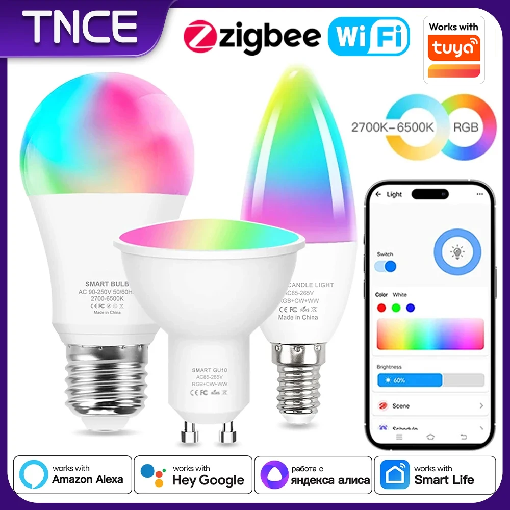 TNCE Tuya gu10 E27 E14 WIFI Zigbee, Dimmable Light LED lamps 2700-6500k RGB Bulb, Smart Life, Voice With Alexa Google Home alice
