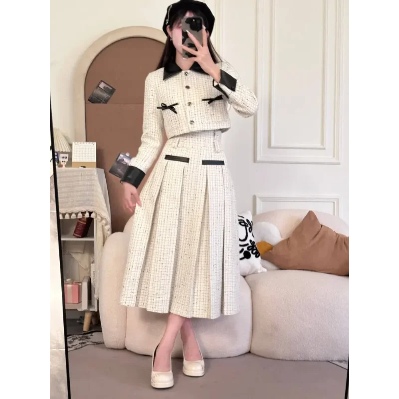 New Autumn Checkered Two-piece Set with Vintage and Elegant Women\'s Jacket+pleated High Waisted A-line Midi Skirt Set