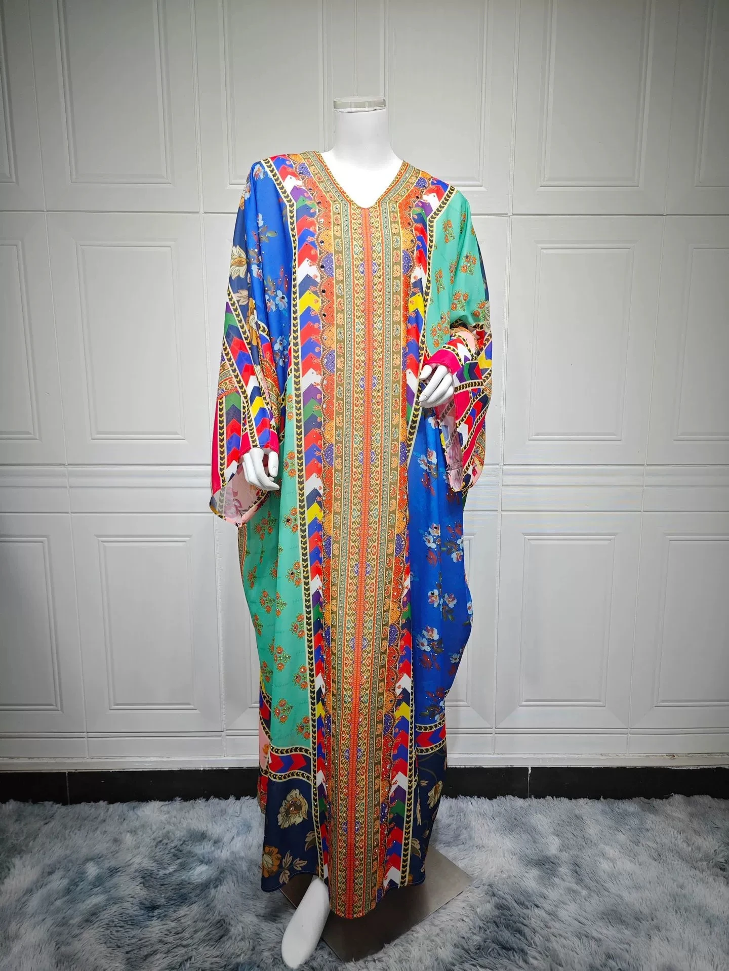 New Middle Eastern women's print rhinestone dress large-size pullover robe-GZXX582