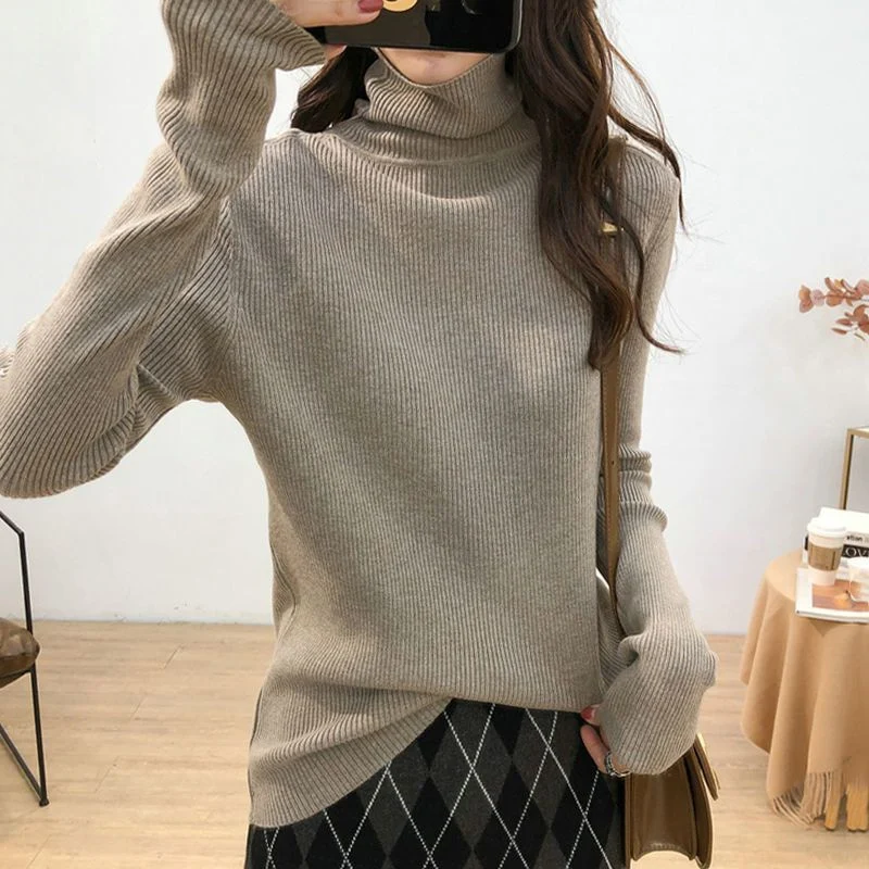 Herbst Winter Koreanische Einfache Rollkragen Alle Spiel Rippe Stricken Pullover Frauen Beiläufige Feste Lose Lange Hülse Grundlegende Weibliche Top