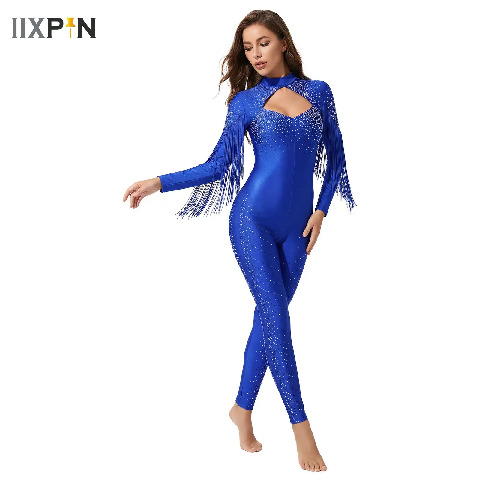 

Long Sleeve Tassel One-piece Rompers Bodysuit Womens Shiny Rhinestones Gymnastics Artistic Figure Skating Performance Costume