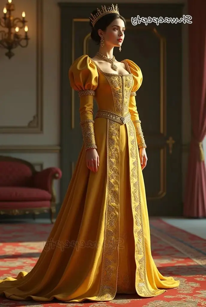 Abito da ballo medievale Qunee dorato con maniche lunghe a sbuffo, collo quadrato, in raso, a-line, maxi costume rinascimentale, abiti da sera personalizzati