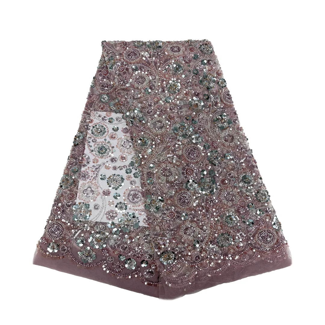 High-Quality Beaded Printing Embroidery with Stones Sewing Net Cloth Women Hot Sale 3D Beaded Lace Fabric Wedding Dress 2025