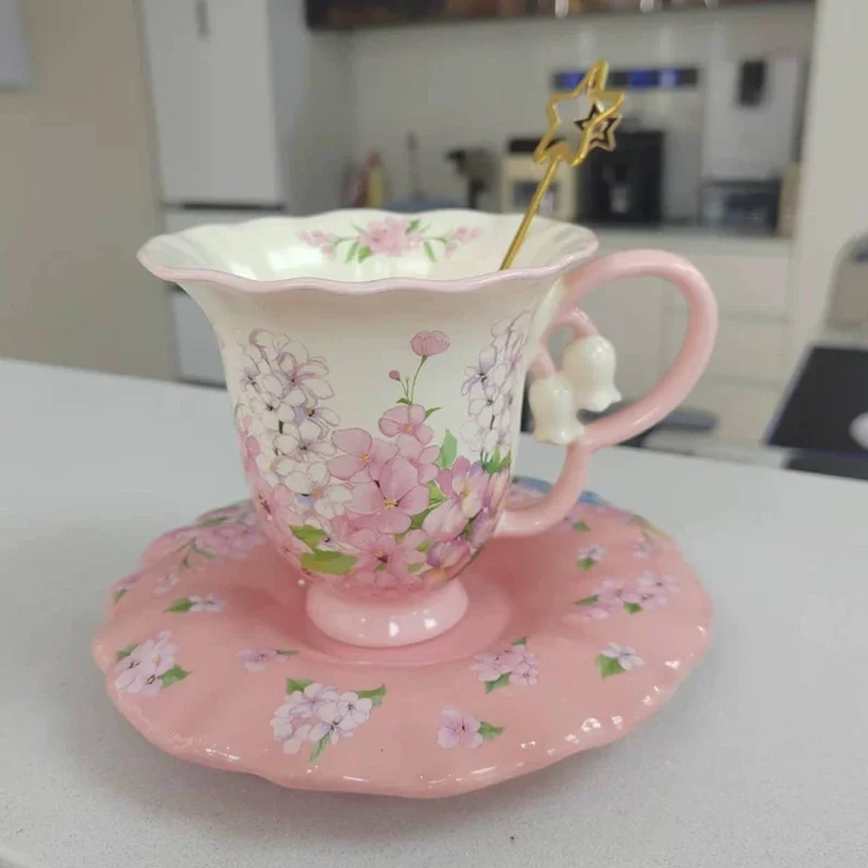 Creative High-End Exquisite Ceramic Bell Orchid Pattern Coffee Cup, Household Kitchen Goods European Black Tea Cup and Plate Set