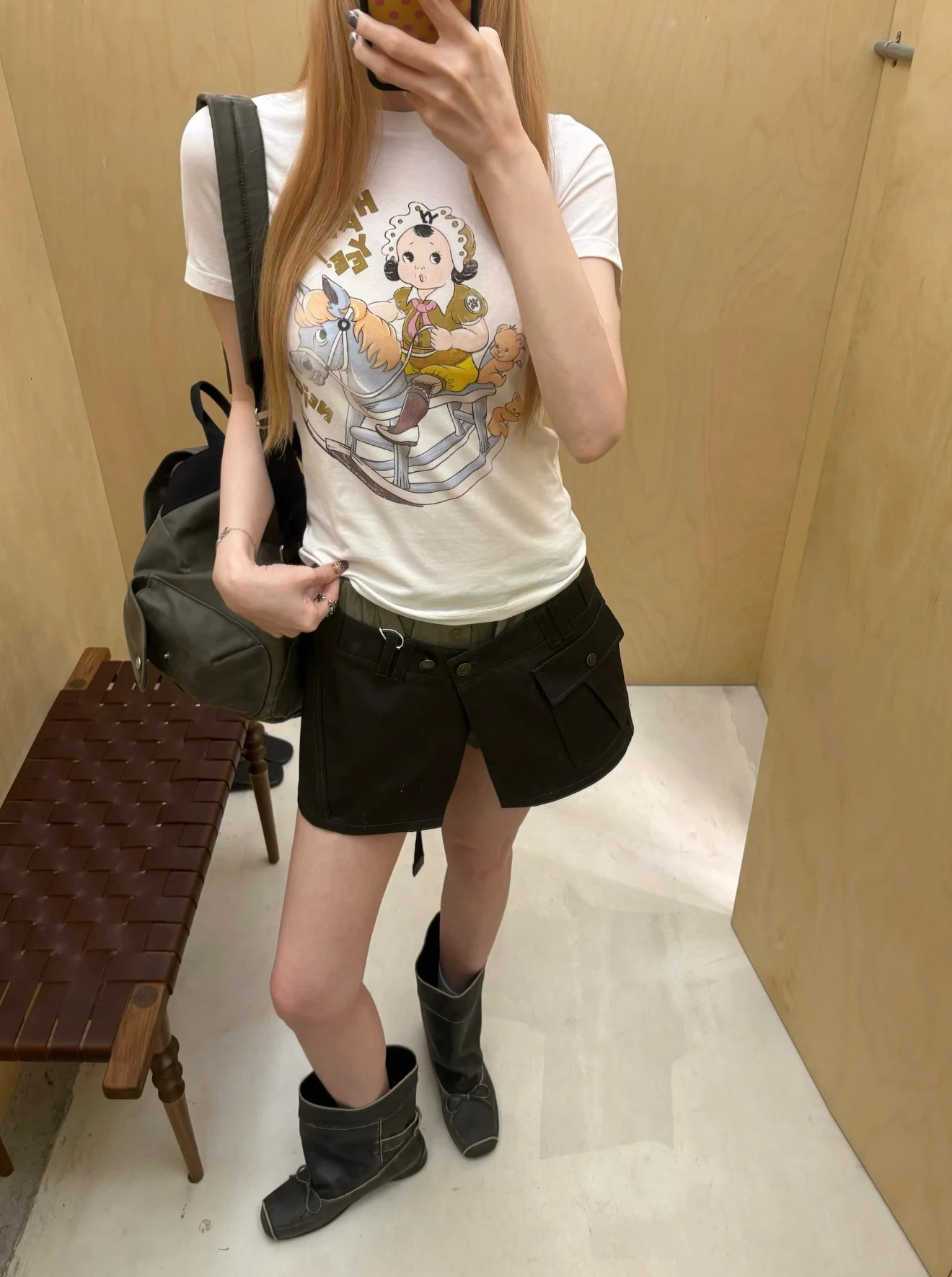 

Early Spring Cartoon Print ort Sve T-irt Women's Casual round Ne Slim Fit Top Riding Little Girl Design Cotton