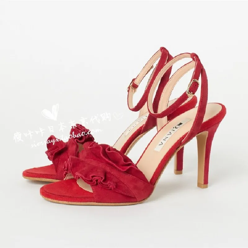 

Summer New Ruffle Suede Fashion Buckle Round Head Sandals Slim High Heel Party Dress Versatile Small Sexy Women's Shoes
