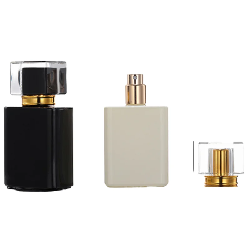 

10Pcs Perfume Refillable Bottle 50ml White Cosmetic Container Black Gold Lid Portable Square Empty Black Glass Spray Bottles