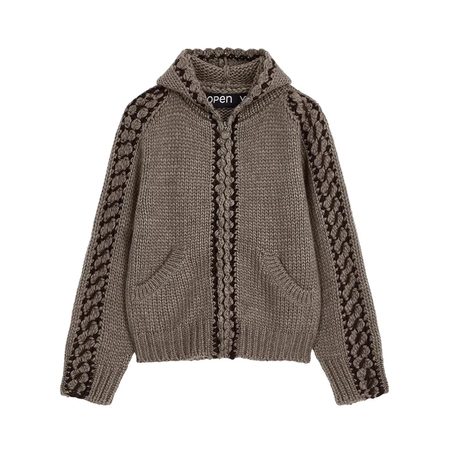 Open y hand-stitched woven twist color matching roving hooded zipper jacket