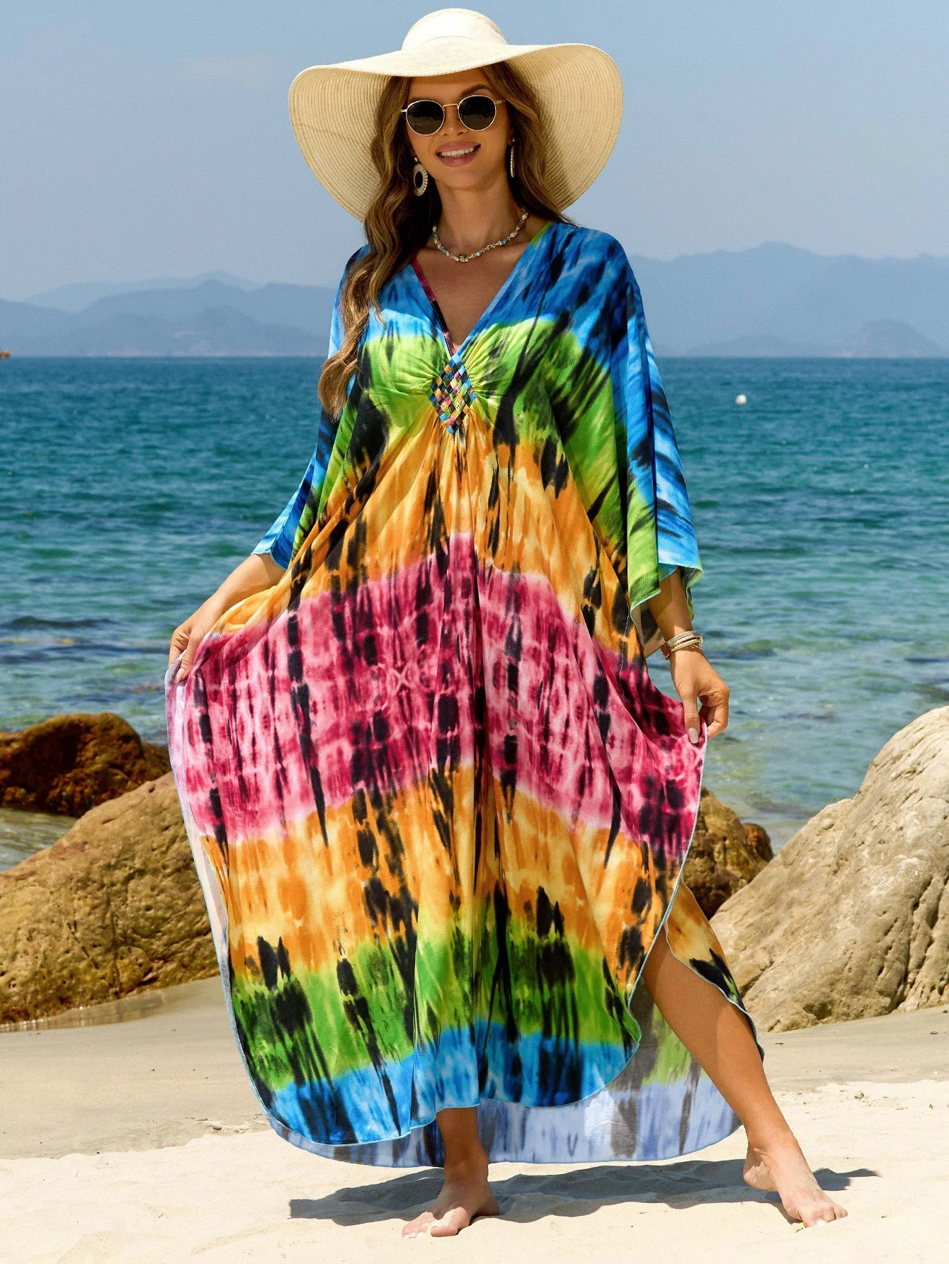 

Summer Dresses for Women Colorful Tie Dye Printed Kaftans Hand Woven Beach Cover Ups for Swimwear Holiday Bathing Suits