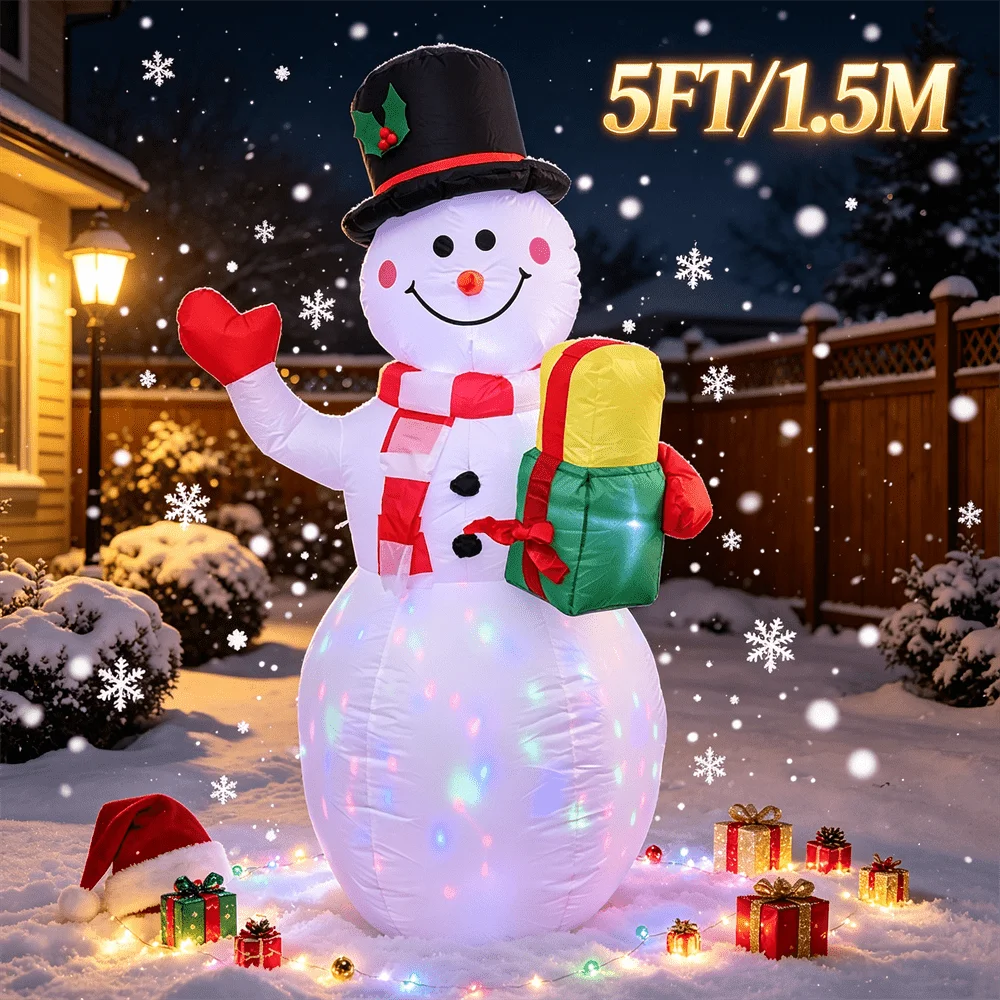 5FT Inflatable Toy Christmas Snowman with Top Hat Holding Gift Box Build-in Color LED Light Outdoor Holiday Yard Decoration