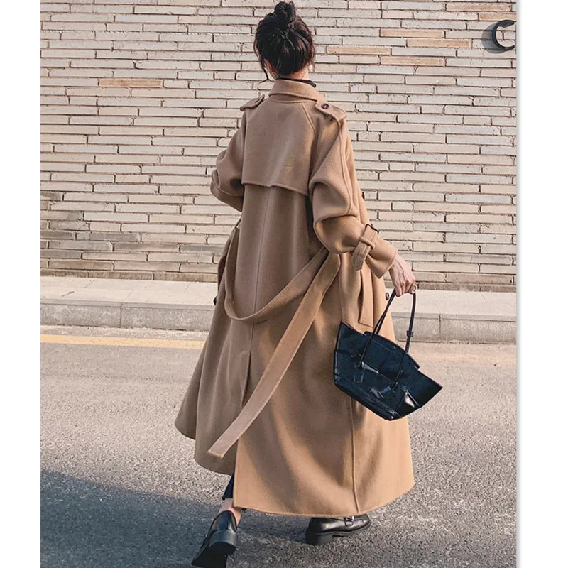 Women Long Wool Blends Overcoat Autumn Winter Nice Fashion Elegant Thicken Woolen Tops Coat Waist Belt  Loose Outerwear Female