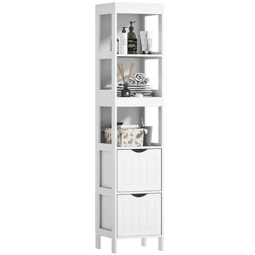 Slim White Bathroom Floor Cabinet with 2 Drawers & 3 Open Shelves for Small Spaces