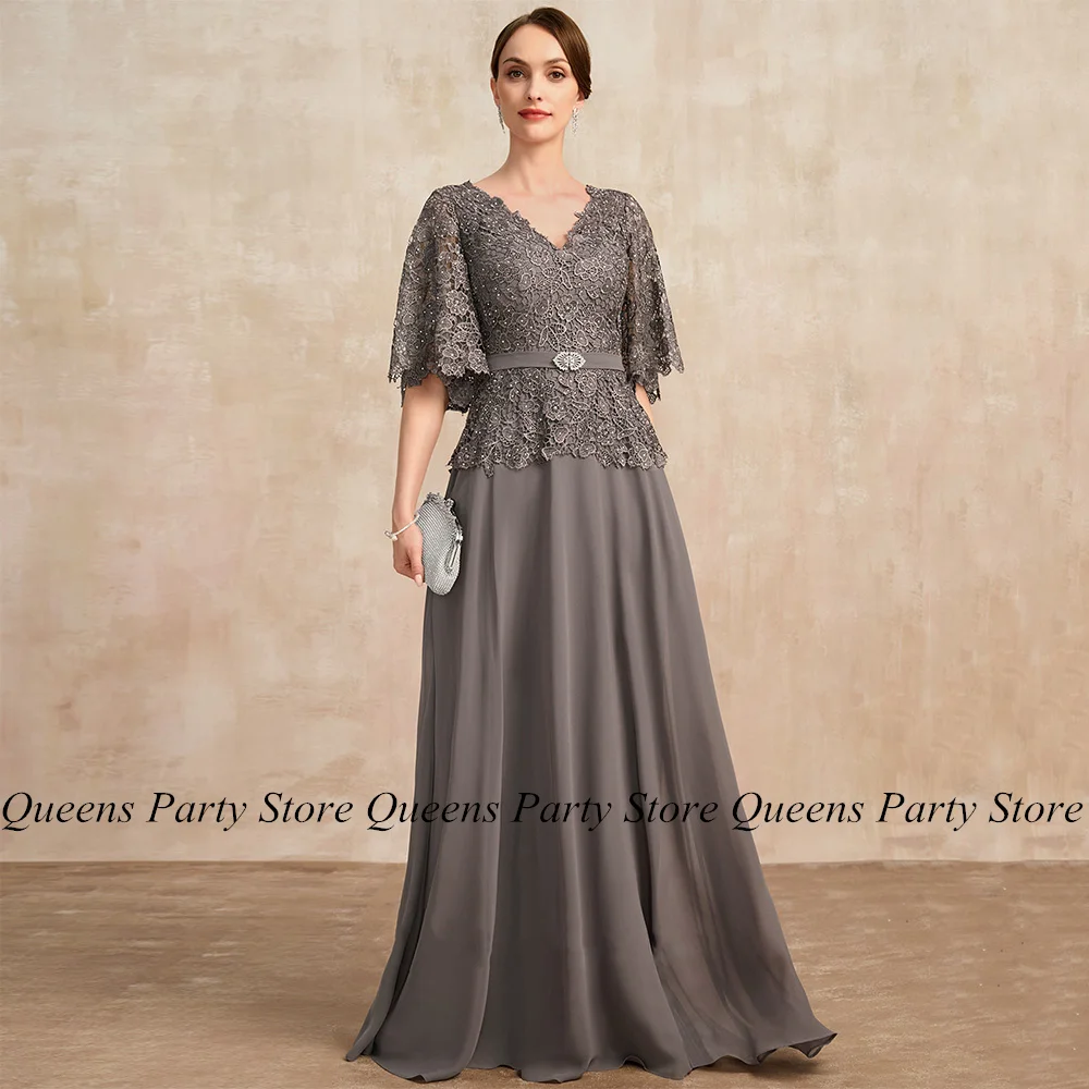 Mother of The Bride Dress Batwing Sleeves V Neck Stones Lace Chiffon A Line Wedding Guest Gown Woman Evening Party Dresses