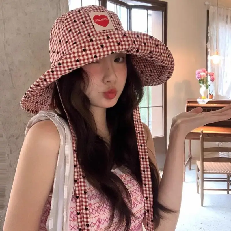 Plaid Heart Women Fisherman Hat Summer Lightweight Cute Sweet Cap Outdoor For Fishing Or Boating