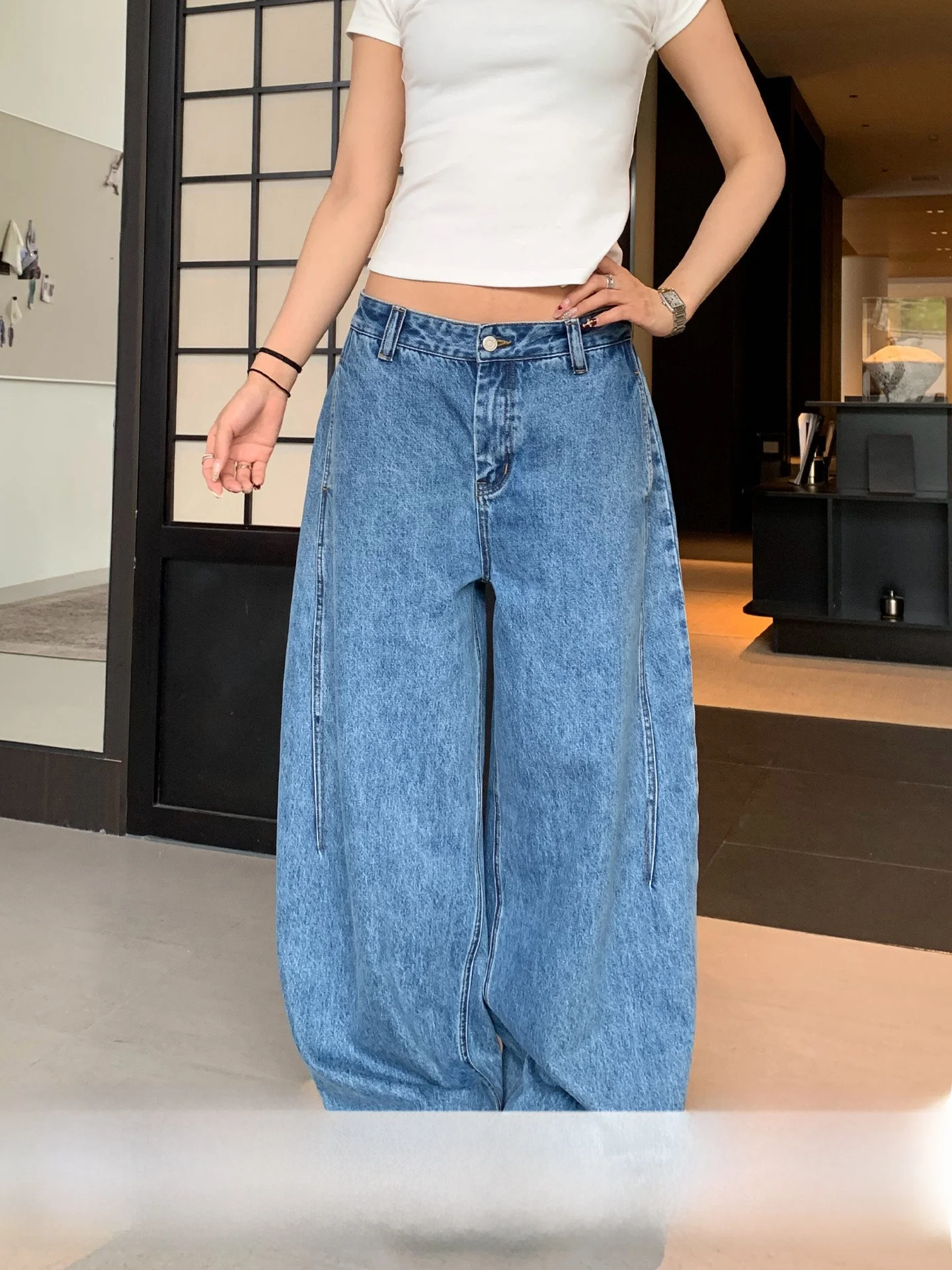

Retro American Blue Jeans Women Loose Fit Casual Wide Leg Pants Stand Size Waed Effect Spring Season Faionable