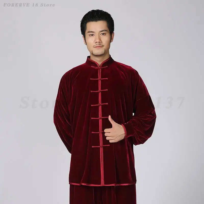 Terno tang tradicional chinês roupas tai chi outono inverno quente veludo kung fu uniforme retro oriental unissex loungewear 3xl