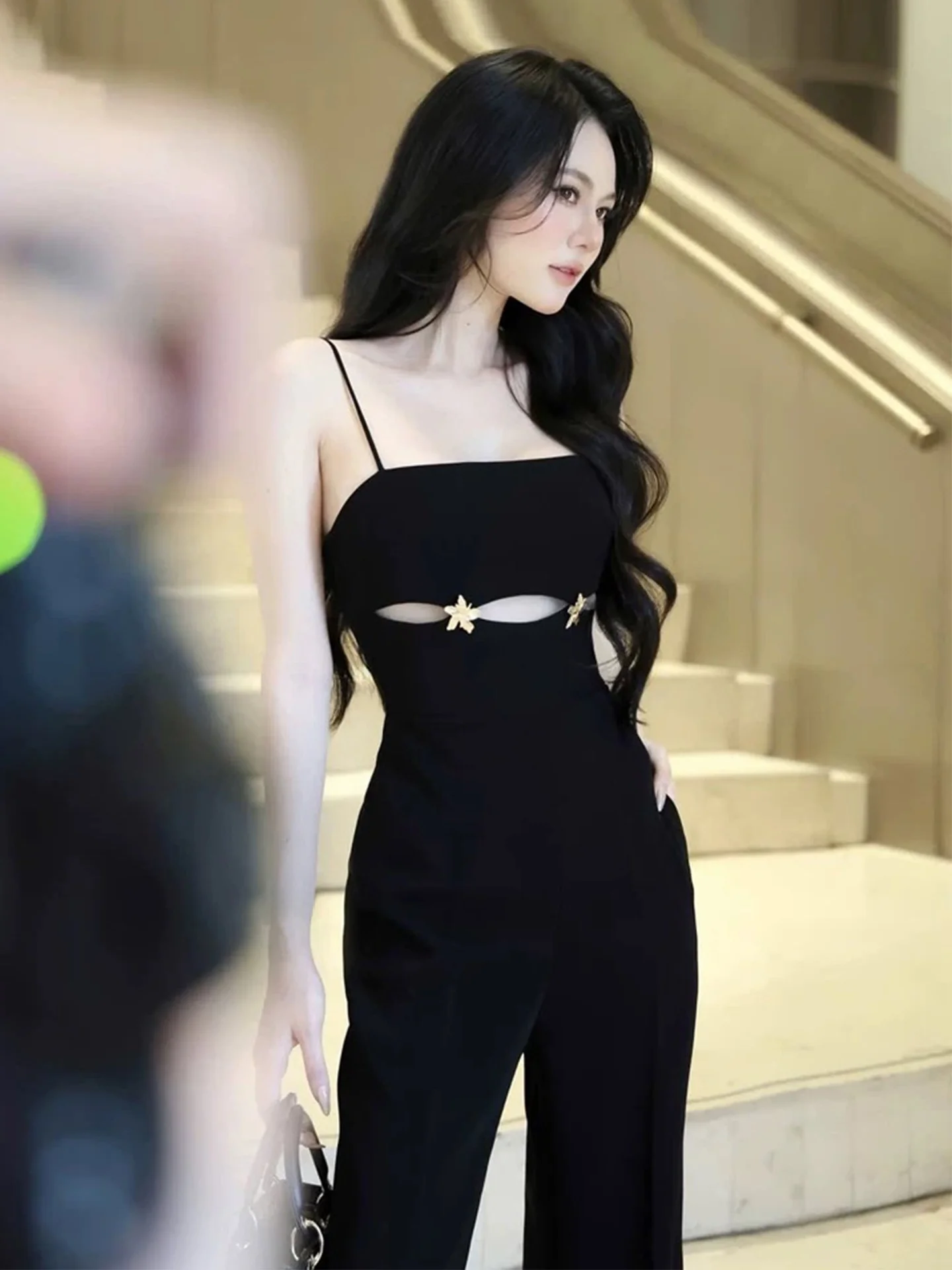 

Bla Hollow out Strap Jumpsuit Women's Summer Ele Slimming Pants High Waist Long Straight Leg Polyester Fiber Commute Sle