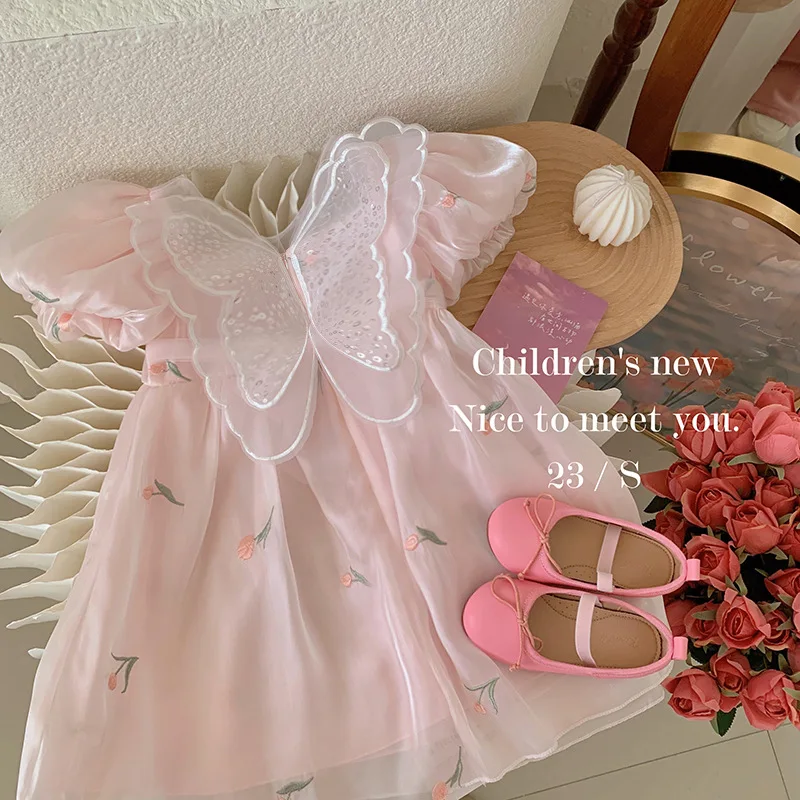 2024Summer New Girls\' Sweet Tridimensional Sequined Wings Embroidered Flower Puff Sleeve Short Sleeve Princess Dress