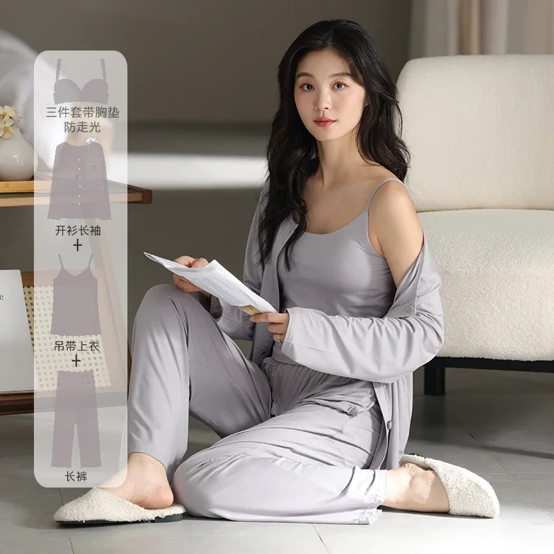 

Pajamas female sweet sexy suspenders with chest pads three-piece spring autumn long sleeve cardigan loungewear to wear outside