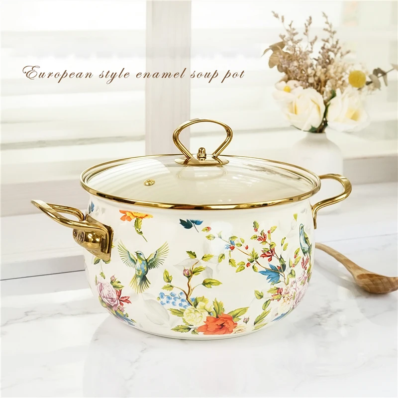 ふた付き大容量鍋,繊細な調理器具,レトロな花,ダブルハンドル,家庭用エナメル調理器具