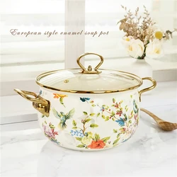 Enamel Soup Pot Delicate Cookware Retro Flower Double Handle Large Capacity Stew Pot with Lid Home Enamel Utensils for Kitchen