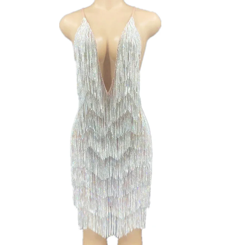 

Women Deep V-Neck Spaghetti Strap Backless Shining Tassel Dress Wedding Latin Stage Singer Costume