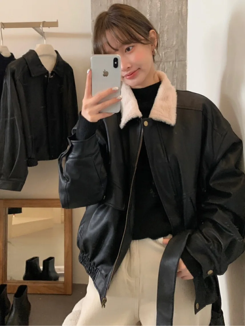 

Retro Collar Fce Lined Thi Warm PU Leather Jaet ort Chic Faion Motorcycle Sle Women's Coat Korean Sle Spring A...