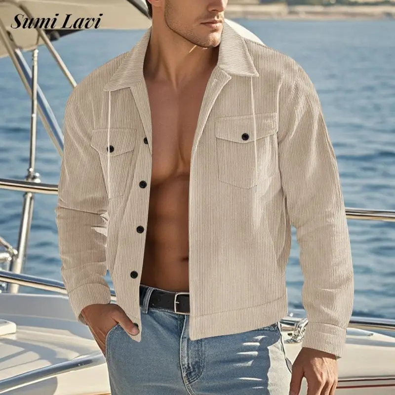 

2026, весенне-осенняя новая повседневная мужская верхняя одежда, вельветовые однотонные куртки с лацканами и завязками, мужская одежда, винтажная куртка на пуговицах