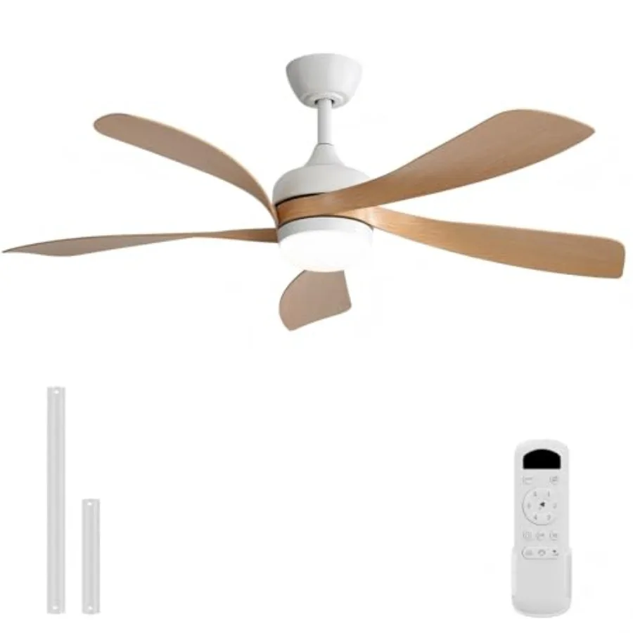 52 Inch Ceiling Fan with Light for Living Room Bedroom, Plastic+ABS Blades, Log Color, Quiet DC Motor, Dimmable Memory LED, 6 S