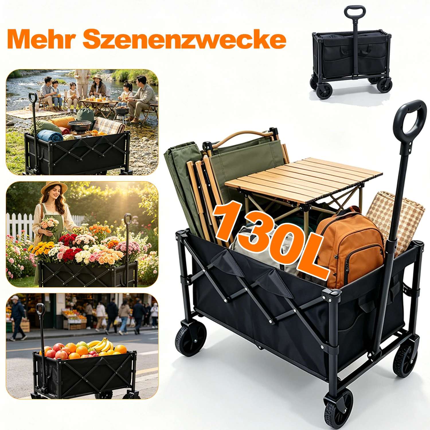 Carrello da campeggio pieghevole con ruote da 6", altezza 90,5 cm, telaio: 65x46,3x39 cm, carrello pieghevole resistente con manico e ruote rimovibili, carrello portatile per campeggio, spiaggia,