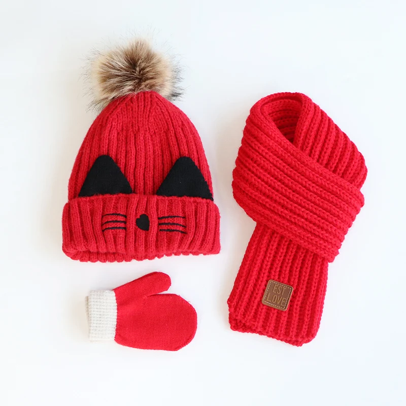 Three-piece plush children\'s hat scarf gloves autumn/winter suit boys and girls knit hat Kitty baby baby hat