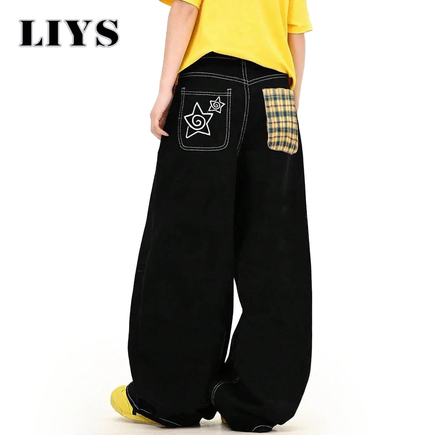 Clássico preto retro bordado solto perna larga jeans feminino xadrez retalhos baggy calças jeans unisex roupas jeans