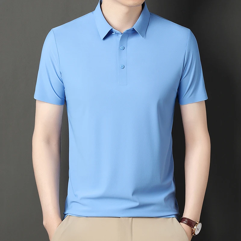 

Men Trendy No Trace Polo Shirt Summer Fashion Ice Silk Business Tops Solid Seamless Clothes Short Sleeve Anti- Wrinkle T-shirts