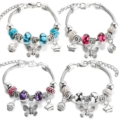 New Butterfly Pendant 5 Color Rhinestone Snake Chain Bangle Lobster Buckle Adjustable Charm Woman Beaded Bracelet Jewelry Gift