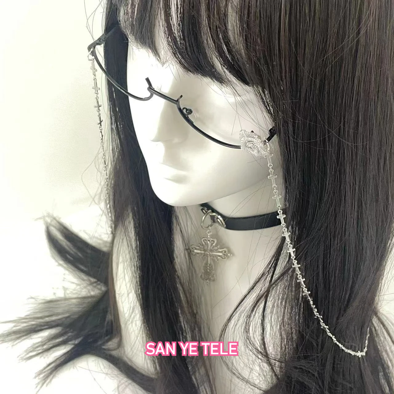 

Rose Half Frame Eyeglass Frame Retro Fashion Cross Chain Pendant Decoration Men Women Anime Party Photography Props