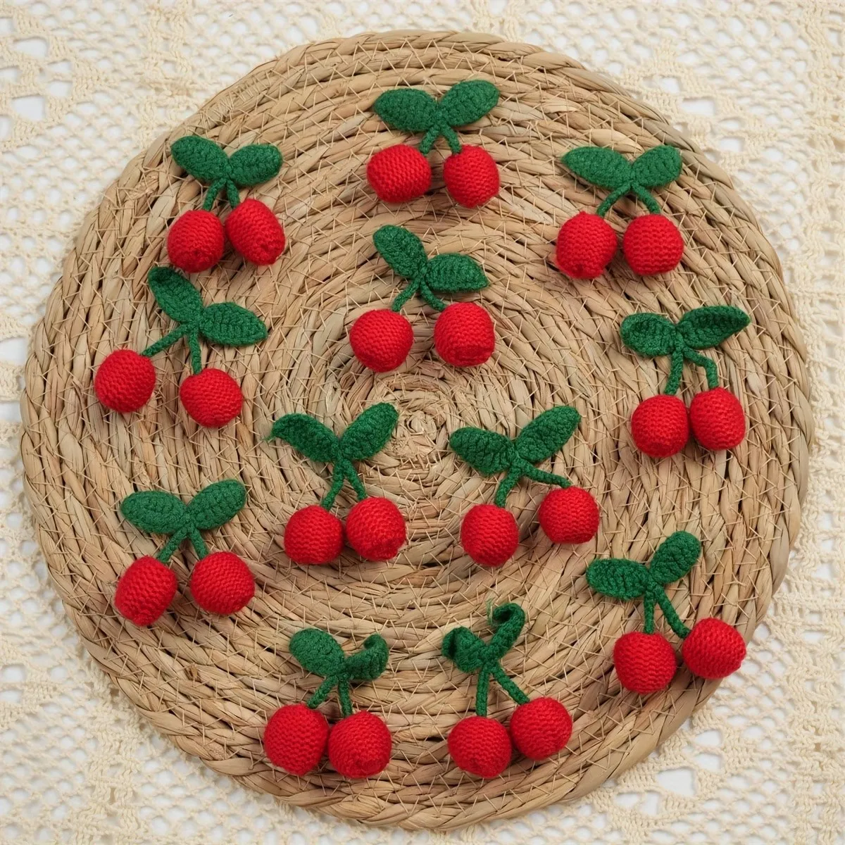 9Pcs Handmade Crochet Cherry Pendants - Red And Green Knitted Pendants For Keychains, Phone Additions, And Crafts - Perfect Birt