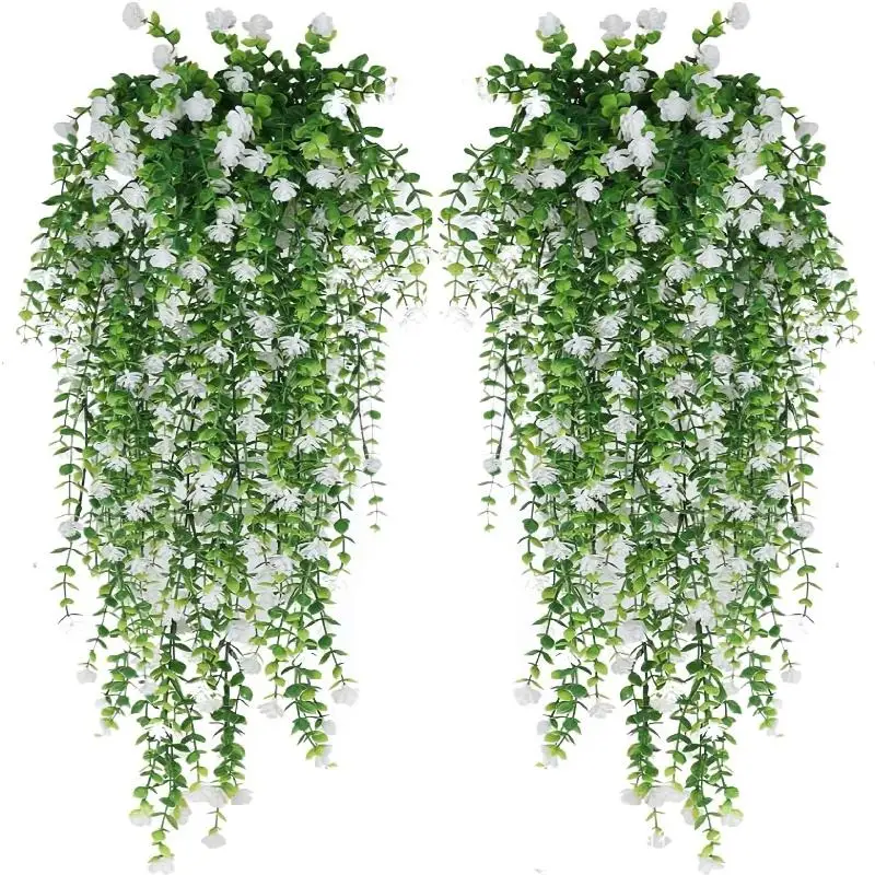 Artificial Plant Hanging Flowers with Eucalyptus Leaves: 2Pcs Wall Home Garden Greenery Vine for Wedding Decor