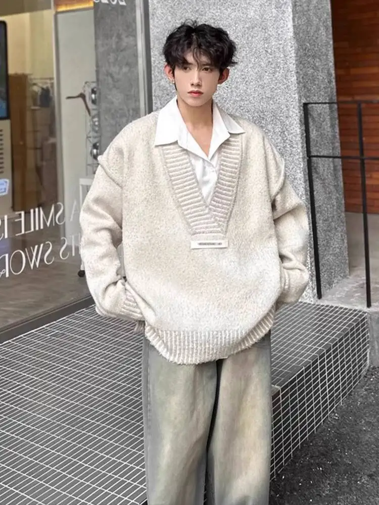 Men's Apricot V Neck Sweater Vintage Lazy Style Low Cut Outerwear Premium Couple Knitwear