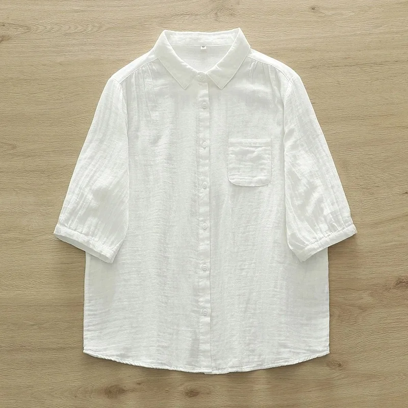 

Women's Pure Cotton Double Gauze Casual Shirt Loose Short Sleeve Solid Color Blouse Tops
