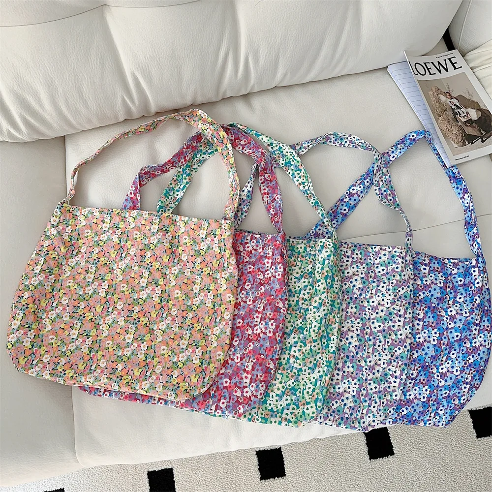 Vintage Flower Women\'s Cotton Shoulder Bag Large Capacity Ladies Floral Shopping Bags Casual Travel Tote Girls Book Handbags