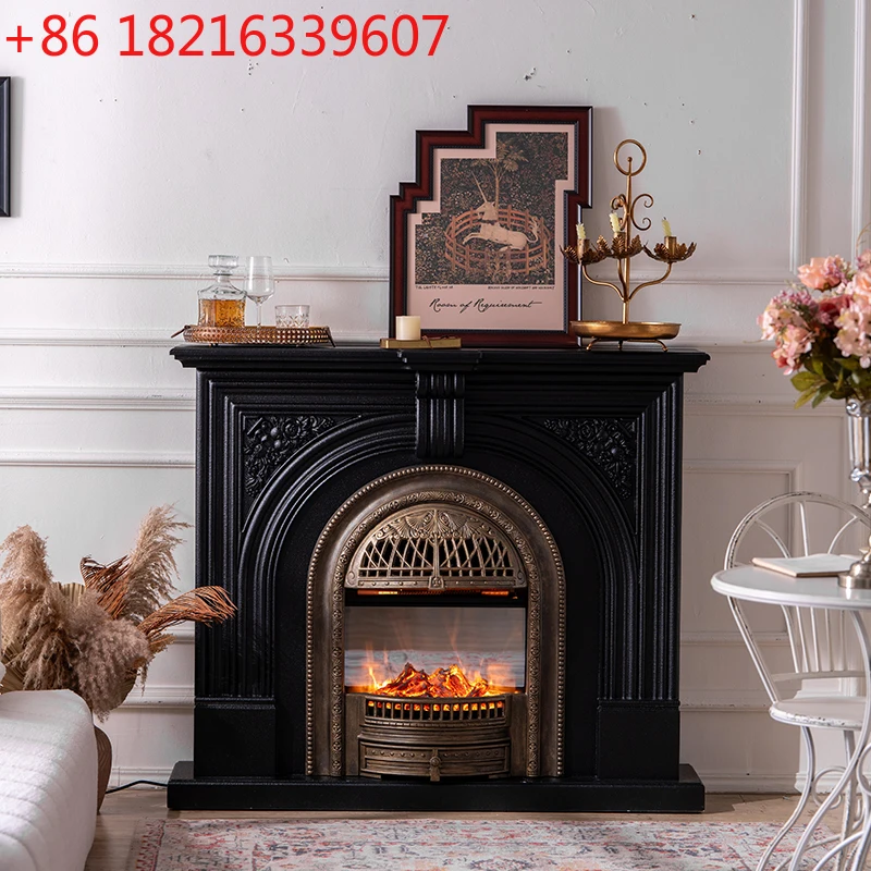 

French solid wood black carving simulation fire bird cage heating living room fireplace simple retro home