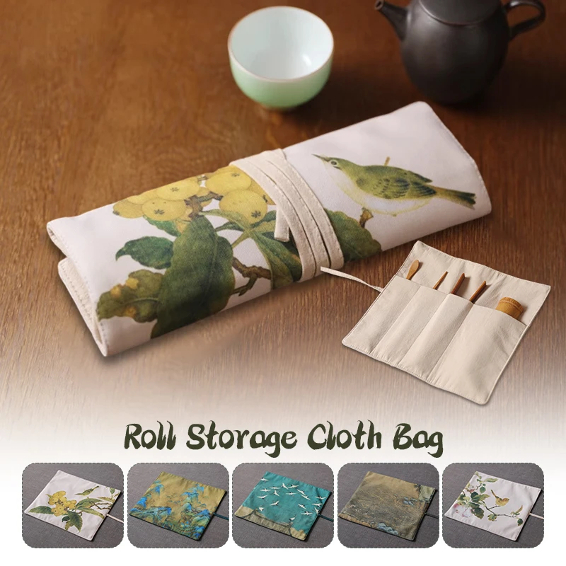 Chinese Style Cloth Roll Storage Bag Holder Makeup Cosmetic Tools Teacup Tea Tools Storage Bag Travel Organizers