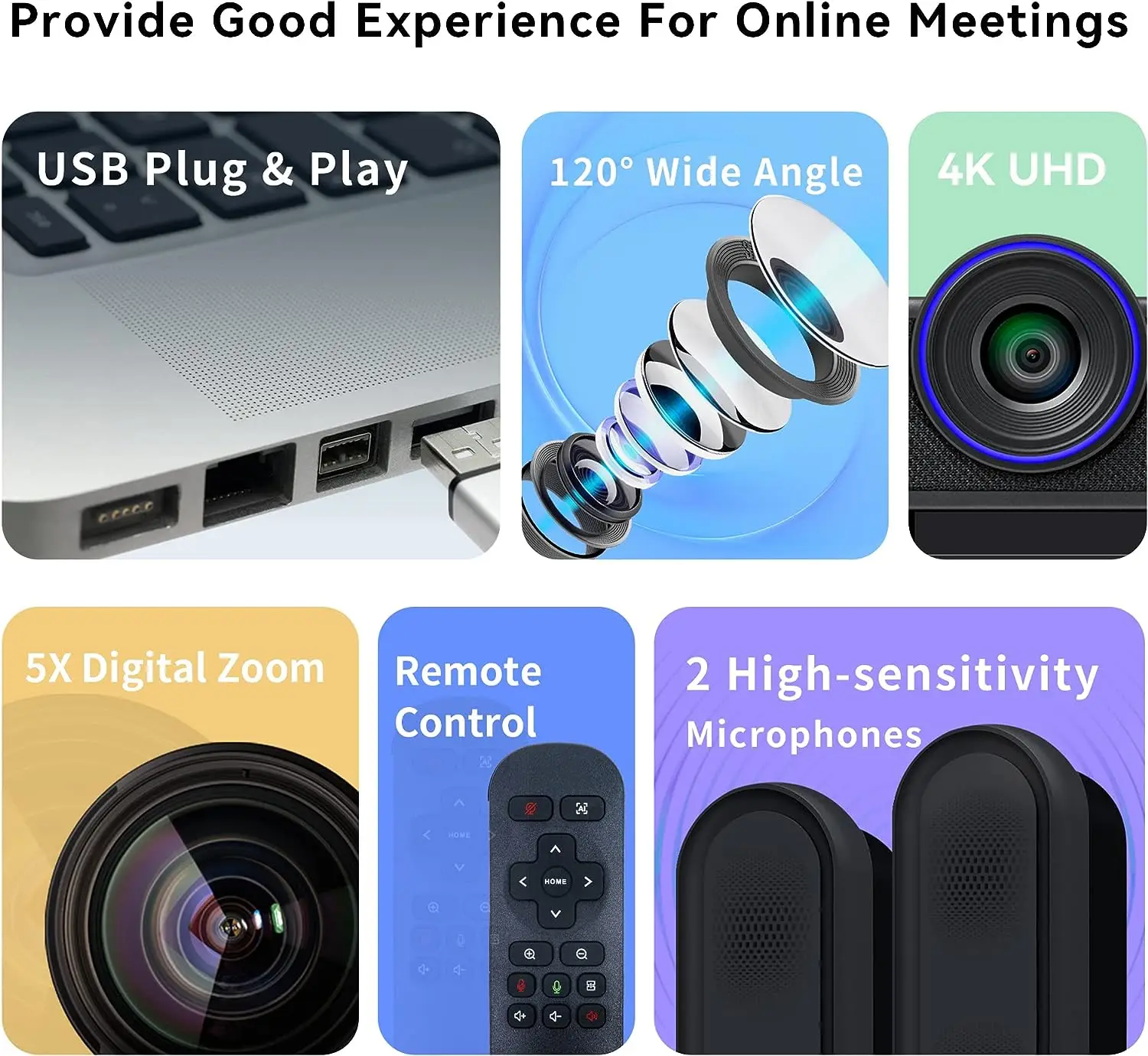 VA300B 4K 8MP EPTZ Webcam with Auto-Framing USB PC Webcam with microphones and speaker 5X Digital Zoom EPTZ Web Cam 120° FOV