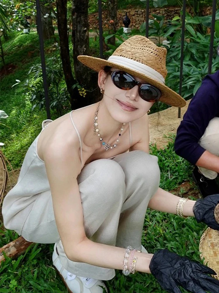 Sun Protection Hollow out Straw Hat Women's Summer Travel Beach Vacation Large Brim round Top Casual Style Youth Suitable