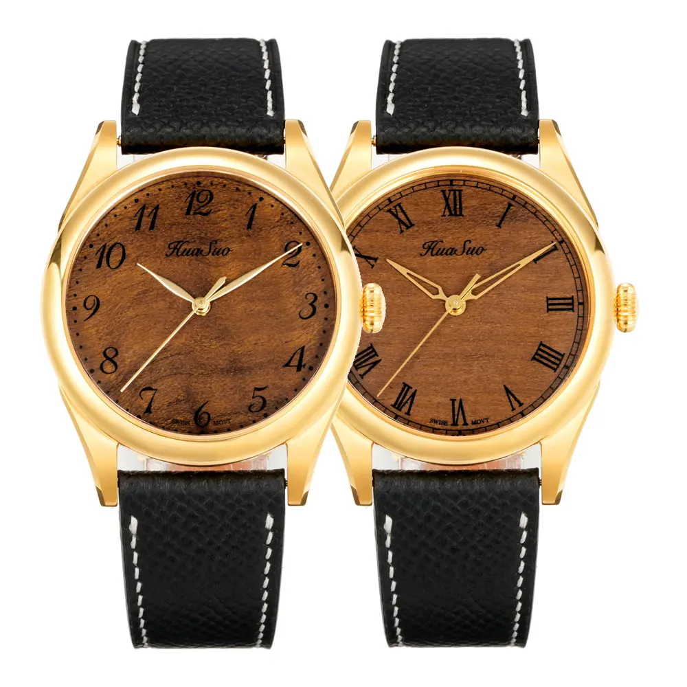 

HUASUO 38mm Gold Silk Nanmu Men's Watches Sapphire Crystal Automatic Mechanical SW200 5Bar Waterproof Dress Wristwatch